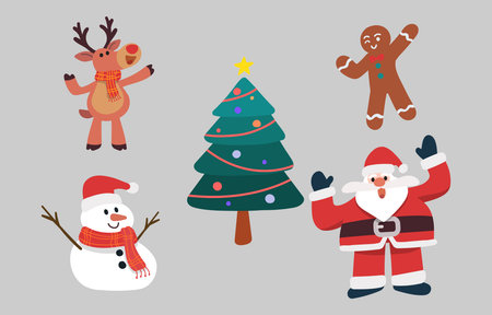 Christmas cartoon characters, reindeer, gingerbread, Christmas tree, snowman, Santa Claus, Minimalist style, Suitable for Christmas design, and graphic decoration. Flat vector design illustration.のイラスト素材