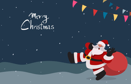 Santa Claus carrying a bag of presents walking in the snow at night with rainbow paper, for Christmas design and decoration. Flat vector design illustration.のイラスト素材