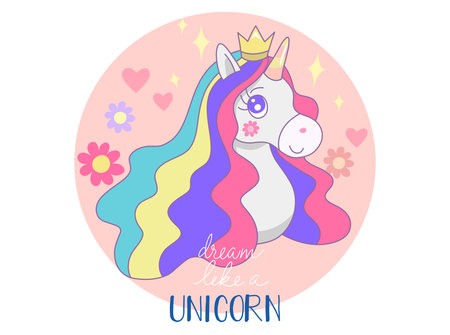 Head of cute  princess unicorn with flower, heart on pink circle and white background. Vector design illustration.のイラスト素材