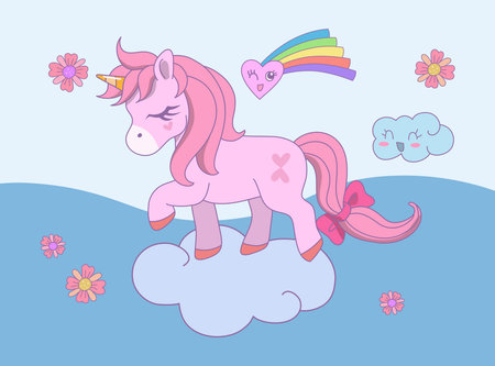 Cute unicorn standing with eyes closed and tail tied bow in the sky with rainbow and cloud. Vector design illustration.&#xD;&#xA;のイラスト素材