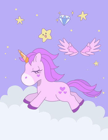 Cute unicorn running with eyes closed on the cloud with star in the sky. Vector design illustration.のイラスト素材