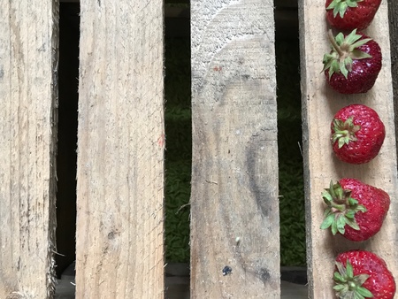 Strawberry, lying in a row along the right side of the frame, against the background of wooden...