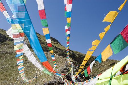 Tibetan prayer flags in the vicinity of Lhasa.のeditorial素材