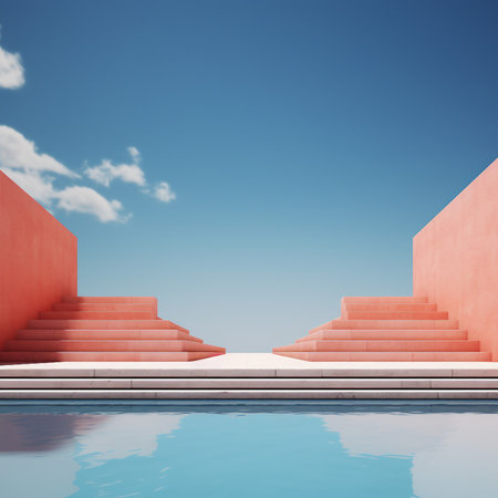 3d render of stairs with blue sky and white clouds in the backgroundの素材