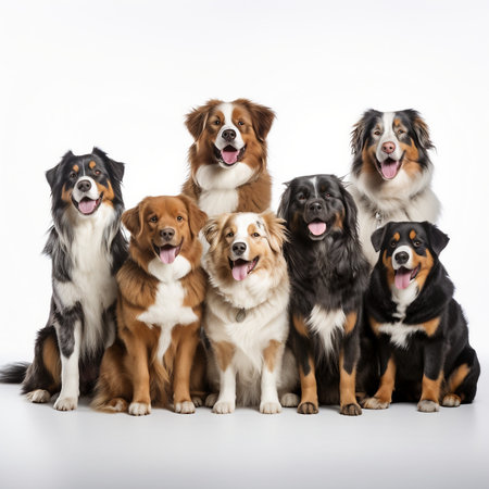 Group of Australian Shepherd dogs sitting in a row on white studio backgroundの素材