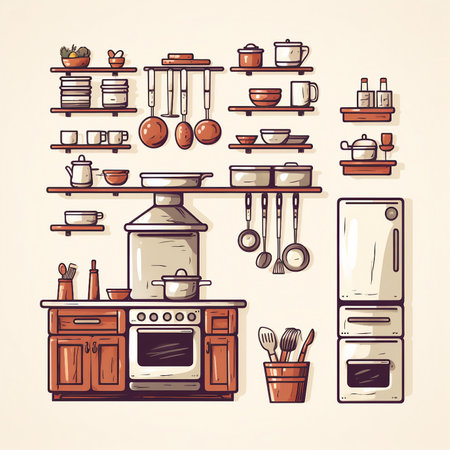 Kitchen furniture and utensils icons set. Vector illustration.の素材