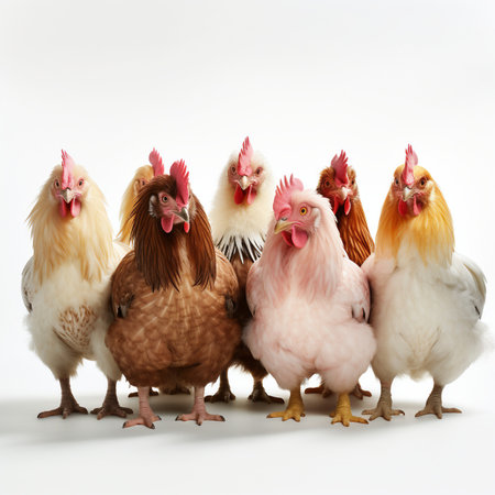 Group of hens isolated on white background. Concept of farm animals.の素材
