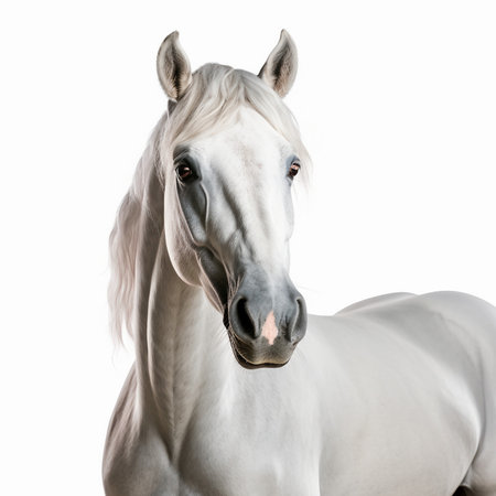 Portrait of beautiful white arabian stallion isolated on white backgroundの素材