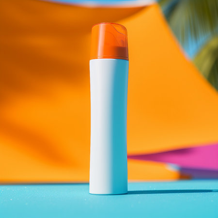 Mockup white cosmetic bottle with orange cap on a blue background with palm leaf.の素材
