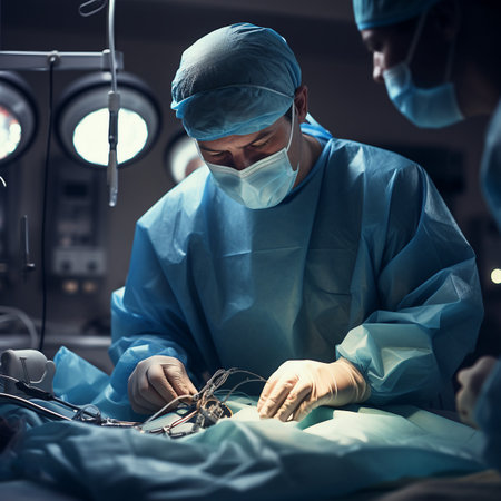 Surgeons in operating room at hospital. Group of surgeons in operating room with surgery equipment. Medical backgroundの素材