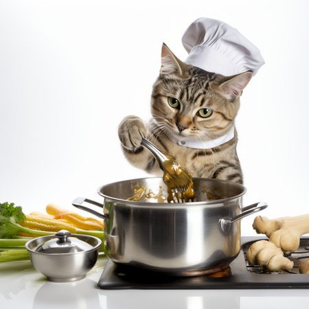 The cat chef in a chef's hat is preparing vegetable soup.の素材