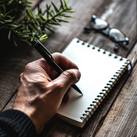 Man's hand writing in a notebook on a rustic wooden tableの素材