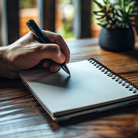 Male hand writing in a notebook with a pen on a wooden tableの素材