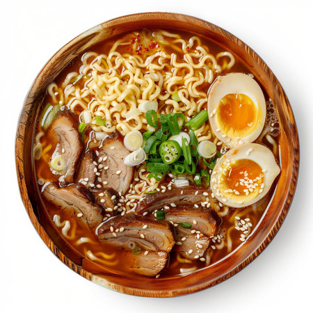 Japanese ramen noodle soup with pork and egg isolated on white backgroundの素材