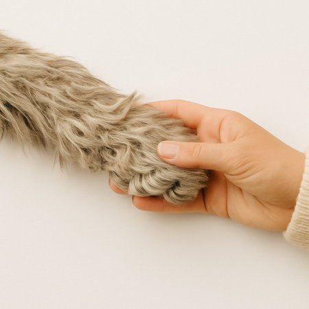 A close-up of a human hand gently holding a shaggy dog's paw. Clean white background, emotional and minimal. Perfect for themes of love, support, pet care, and trust.の素材