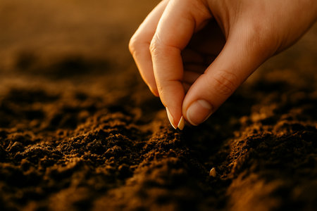 Close-up of a hand planting a seed in rich soil. Perfect for topics of gardening, growth, sustainability, organic farming, or eco lifestyle.の素材