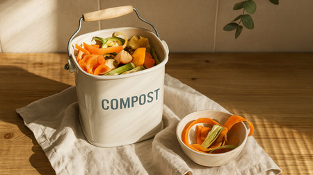 Metal compost bin and ceramic bowl filled with vegetable peelings on linen cloth and wooden countertop. Natural lighting, eco-friendly kitchen concept, sustainable lifestyle.の素材