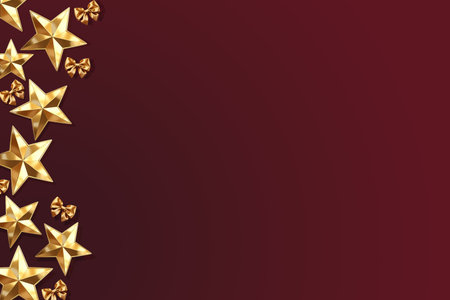 Christmas background with golden stars and bows on red. Vector illustration.の素材