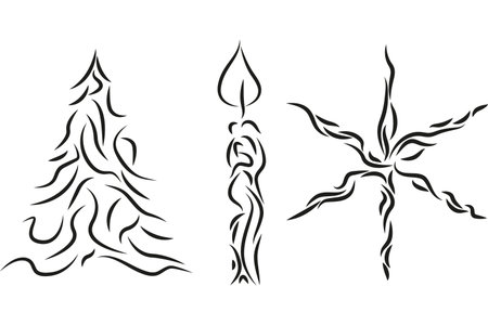 Minimalist Christmas Line Art Set â Tree, Candle, and Starのイラスト素材