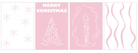 Minimalist Pink Christmas Line Art Set â Tree, Candle, Snowflakes and Abstract Wavesのイラスト素材