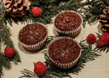 Three chocolate chip cupcakes in paper, some red perfect raspberries, two pine cones and some green pine branchesの写真素材