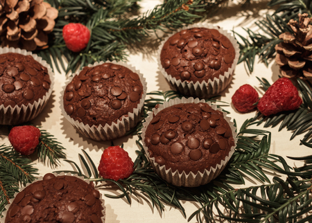 Five chocolate chip cupcakes in paper, some red perfect raspberries, two pine cones and some green pine branchesの写真素材