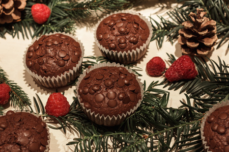 Five chocolate chip cupcakes in paper, some red perfect raspberries, two pine cones and some green pine branchesの写真素材