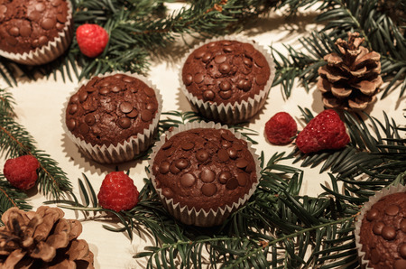 Five chocolate chip cupcakes in paper, some red perfect raspberries, two pine cones and some green pine branchesの写真素材