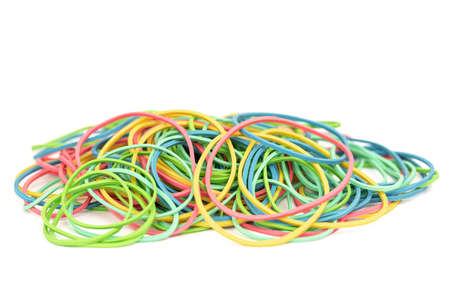 colorful rubber bands (yellow, green, red, blue, pink)
