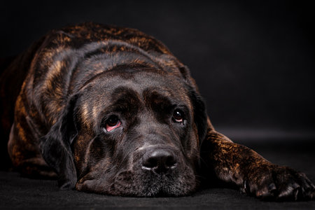Studio shot of a dog lying on black background.の写真素材