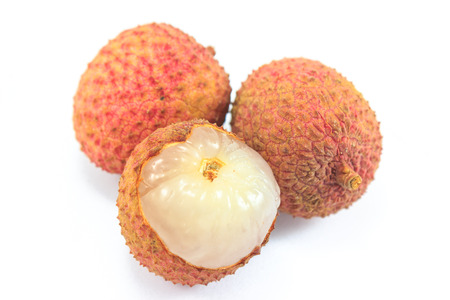 Closeup of fresh Lychees on white backgroundの写真素材
