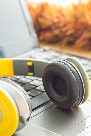 Headphone and Laptop. Enjoys digital musicの写真素材