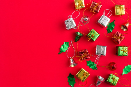 Christmas and new year decoration in top view on red background and copy space for textの写真素材