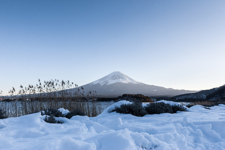 fuji mountain at kawaguchiko lake in winterの写真素材