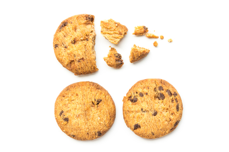 homemade chocolate chip cookies on white background in top viewの写真素材