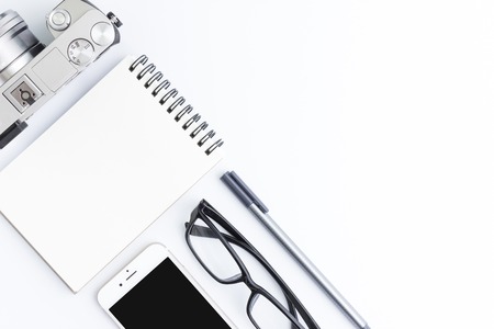 journalist accessories in top view on white backgroundの写真素材