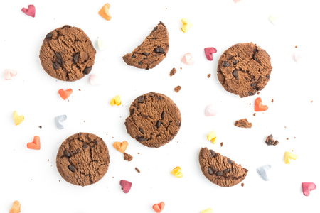 Homemade chocolate chips cookies on white background in top view