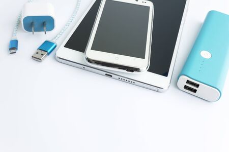 smartphone and USB cable charger with copy spaceの写真素材