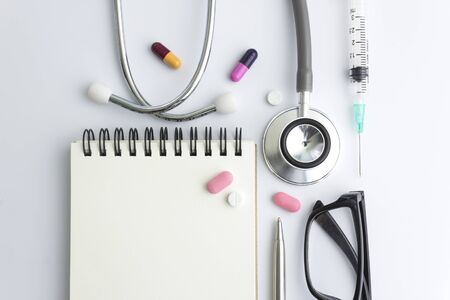 Medical equipment in top view with health check conceptの写真素材