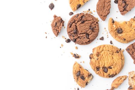 homemade chocolate chips cookies on white background in top viewの写真素材