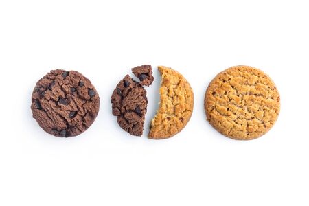 homemade chocolate chips cookies and butter cookie on white background in top view