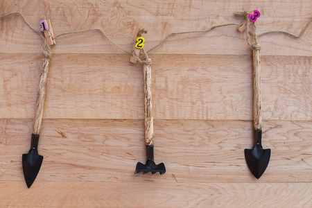 Gardening tools on wooden backgroundの写真素材