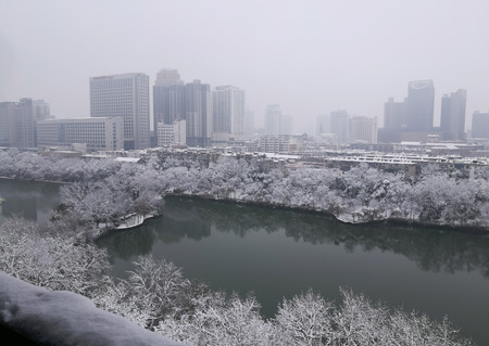 A bird's eye view of the snow scenery in Hefei Parkのeditorial素材