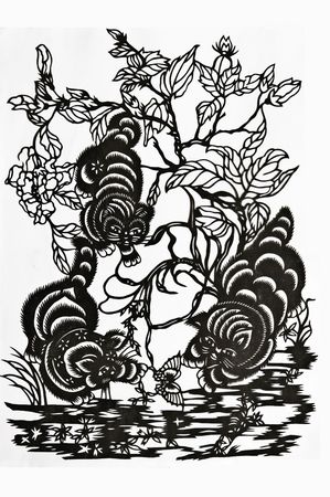 Three cats play Butterfly.This is playing with the cat and the Butterfly of the paper-cut.の写真素材