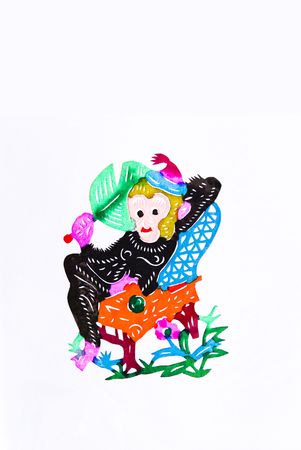 monkey,This is a Chinese paper-cut, reflecting the animal a happy life scenarios.の写真素材
