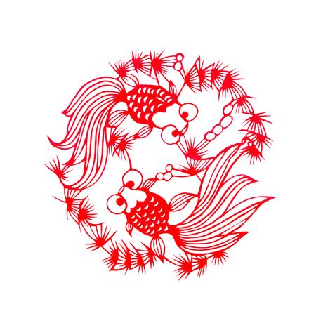 Fish,This is a Chinese paper-cut, reflecting the animal a happy life scenarios.の写真素材