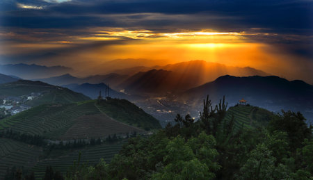 Sunset at Longji Rice Terraces, Guangxi, Chinaの写真素材