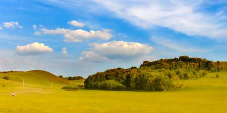 panoramic view of green meadow and blue sky with clouds