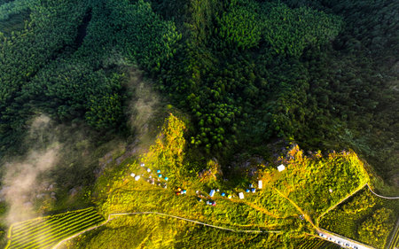 Aerial view of beautiful landscape in the early morning of Lantian Mountain Meadow in Zhejiang, China.の写真素材