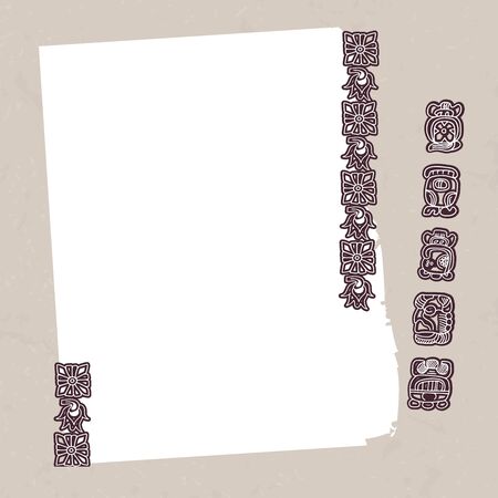 Vector illustration in beige-brown colors with Mayan symbols. Template and pattern. For postcards, for flyers for printing on fabric.のイラスト素材